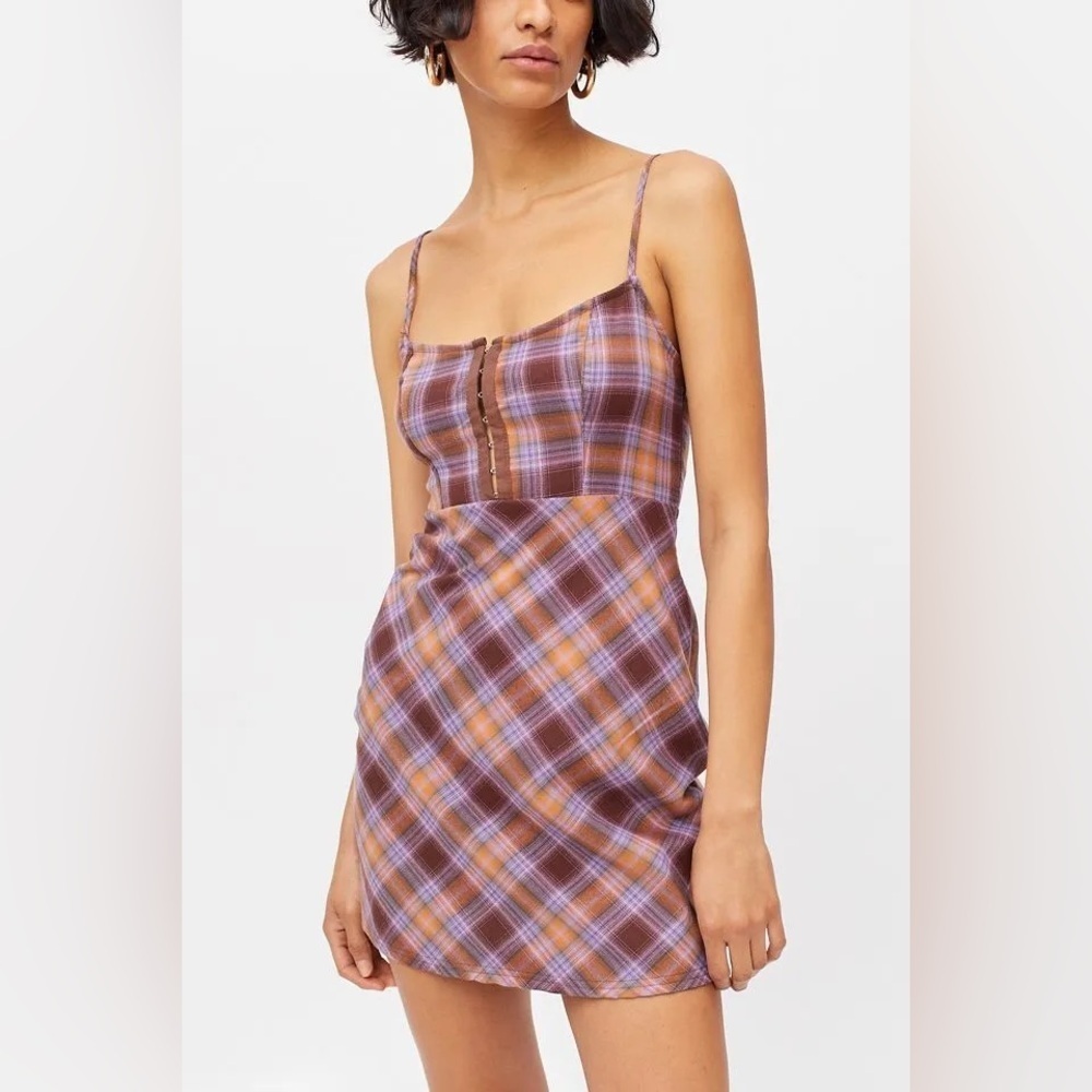 Urban Outfitters Purple Orange Brown Plaid Hook & Eye Spaghetti Strap Mini Dress